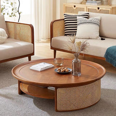 Round Cane Coffee Table - wooden wall shelf and organizer