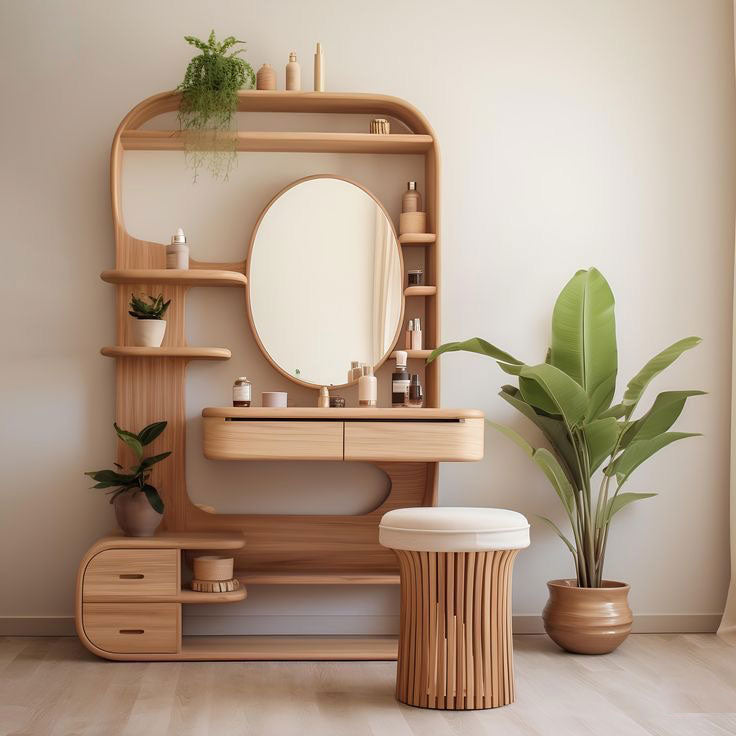 Aura Vanity with Mirror & Shelves - wooden wall shelf and organizer