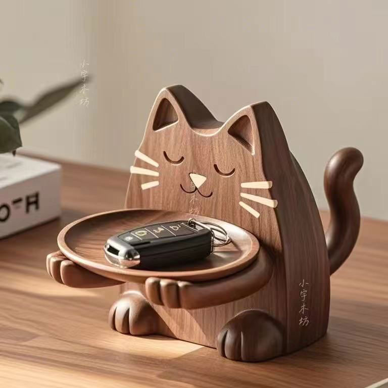 Cat Companion Key & Trinket Holder - wooden wall shelf and organizer