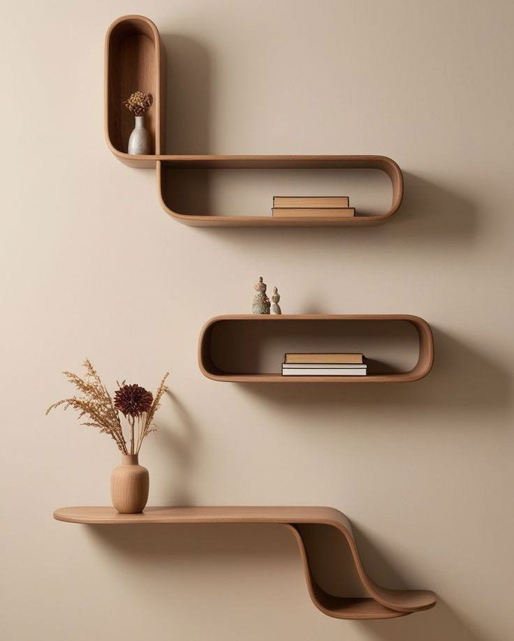 Fluid Loop Floating Shelf Set - wooden wall shelf and organizer