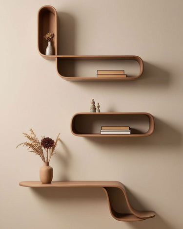 Fluid Loop Floating Shelf Set - wooden wall shelf and organizer