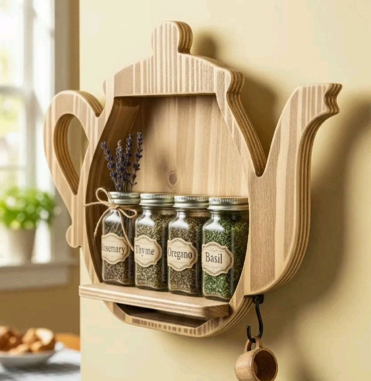 Teapot Spice Rack Shelf - wooden wall shelf and organizer