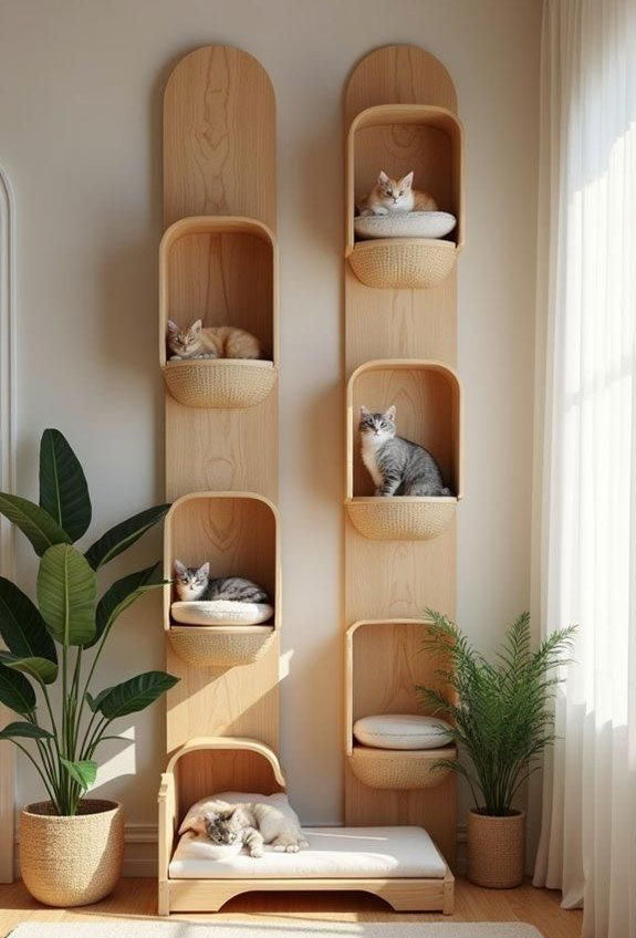 Vertical Cat Tower with Beds - wooden wall shelf and organizer