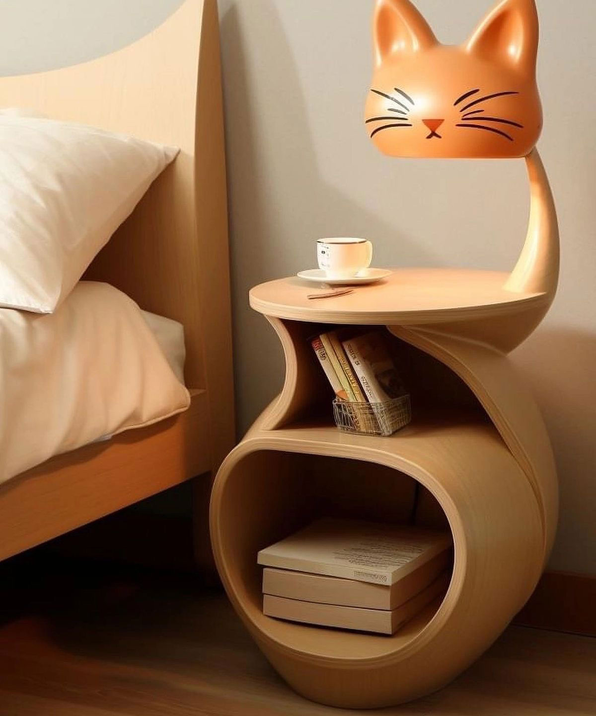 Whisker Glow Bedside Table - wooden wall shelf and organizer