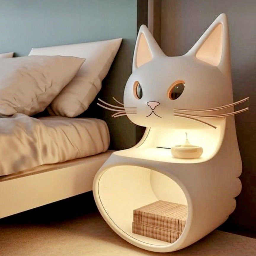 Whisker Glow Bedside Table with Lamp - wooden wall shelf and organizer